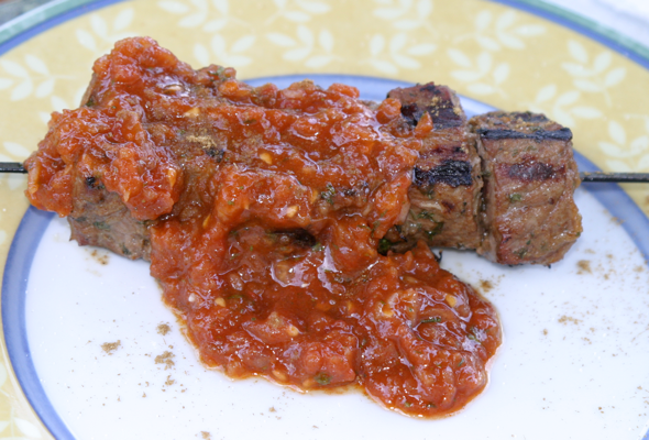 Moroccan beef kebab with tomato relish